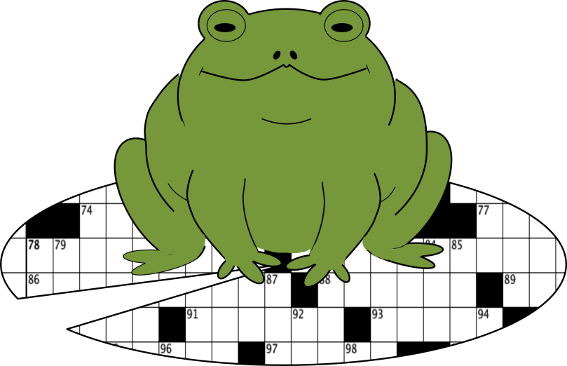 A green toad sitting on top of a lily pad but the lily pad is patterned to look like a crossword puzzle.