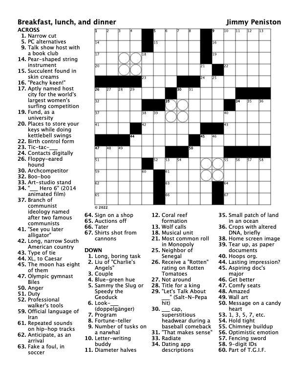 Crossword puzzle with clues. There are three sets of four circles, each set arranged in a square.